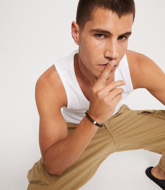 Braided leather bracelet with 2 sterling silver-plated circles, Silver, large